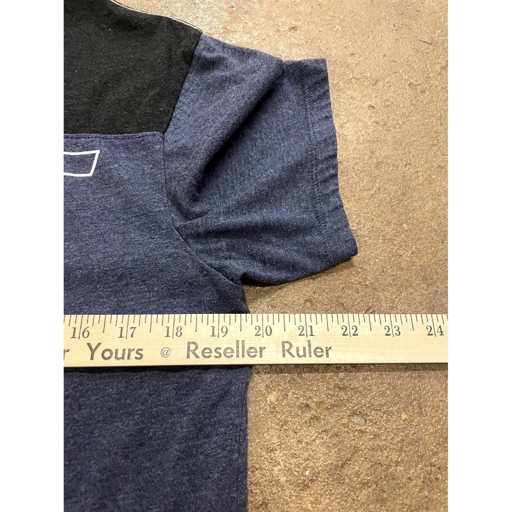 True‎ Religion World Tour T Shirt Mens M Blue Black Spellout Logo Short Sleeve